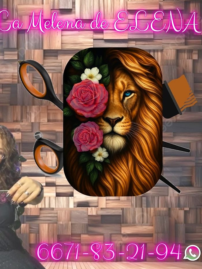 Logotipo de La Melena de Elena: un león con rosas y tijeras